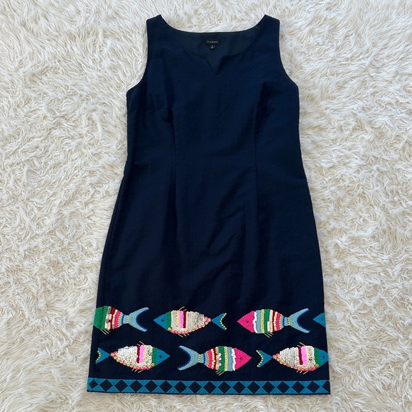 Talbots navy blue beaded embroidered fish sheath dress 8 - Picture 2 of 14